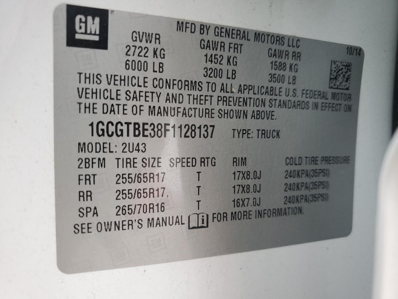 2015 Chevrolet Colorado Lt VIN: 1GCGTBE38F1128137 Lot: 93720855