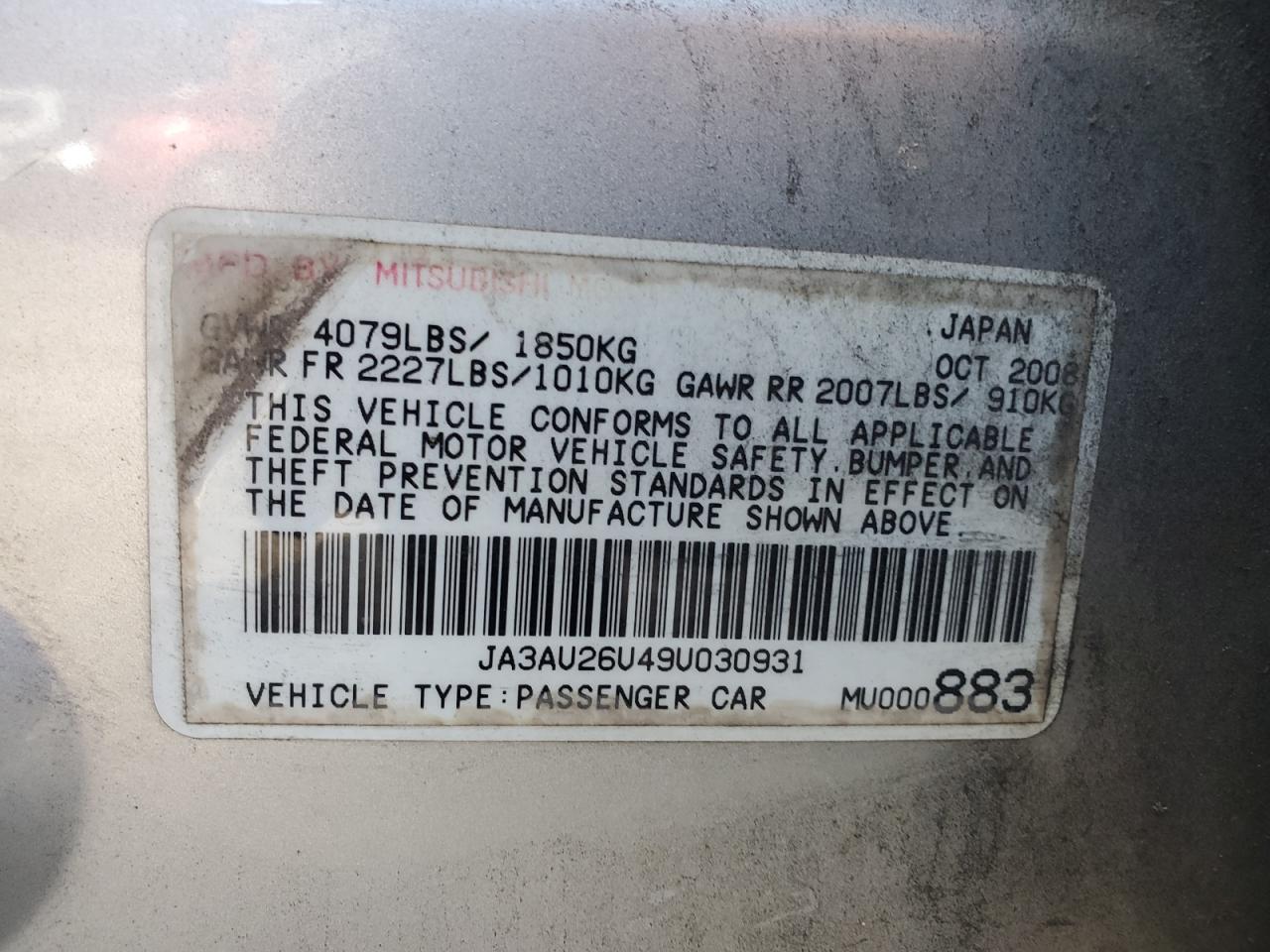 2009 Mitsubishi Lancer Es/Es Sport VIN: JA3AU26U49U030931 Lot: 92806645