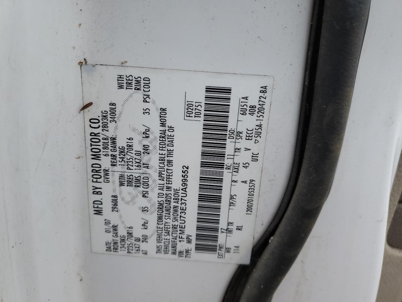 2007 Ford Explorer Xlt VIN: 1FMEU73E37UA99552 Lot: 92575475