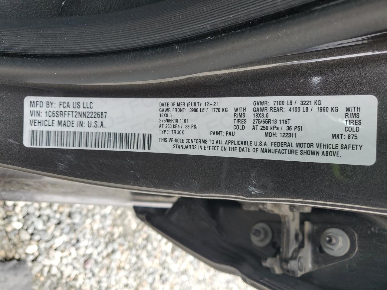 2022 Ram 1500 Big Horn/Lone Star VIN: 1C6SRFFT2NN222687 Lot: 93383615