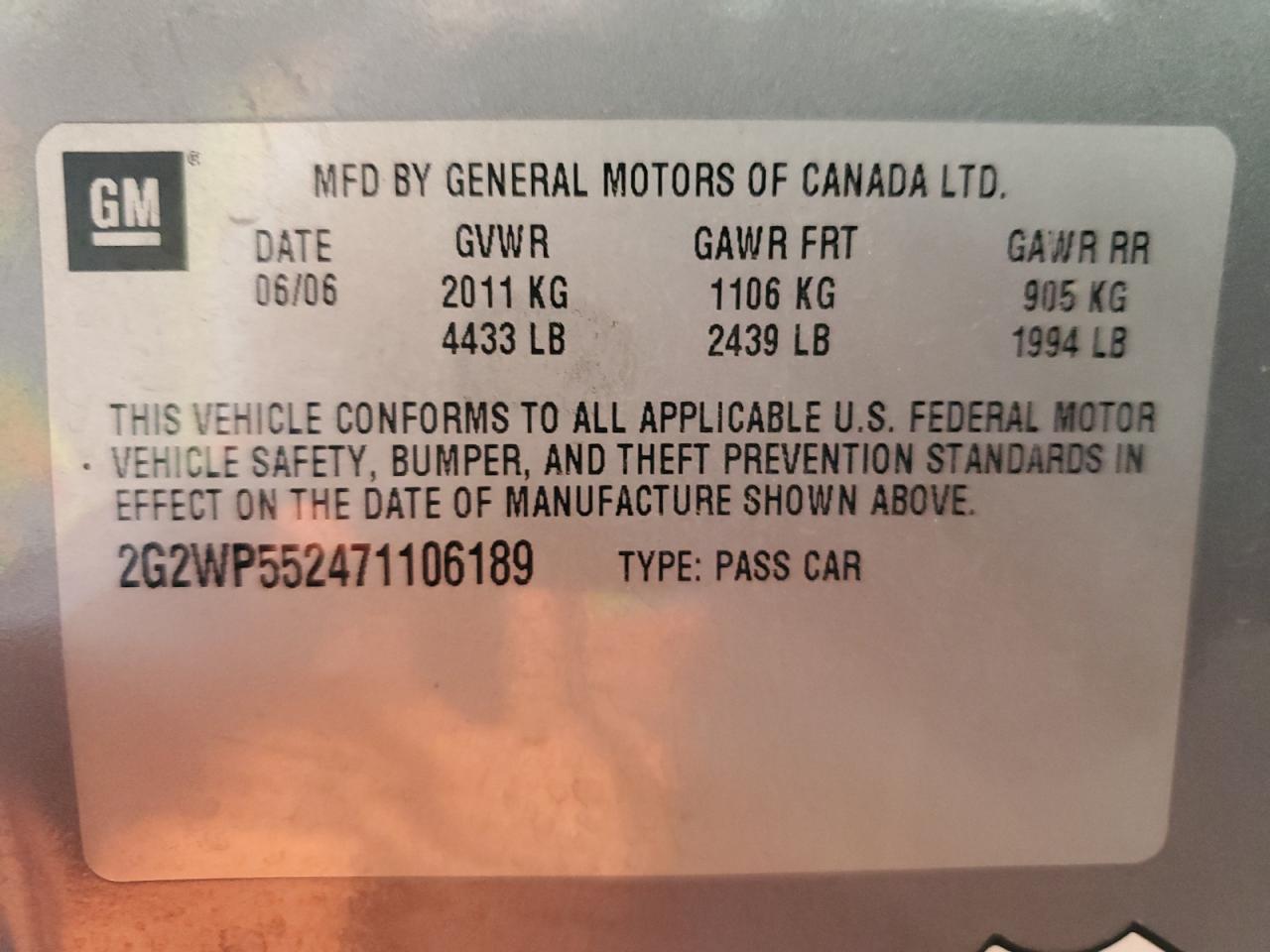 2007 Pontiac Grand Prix VIN: 2G2WP552471106189 Lot: 90372455