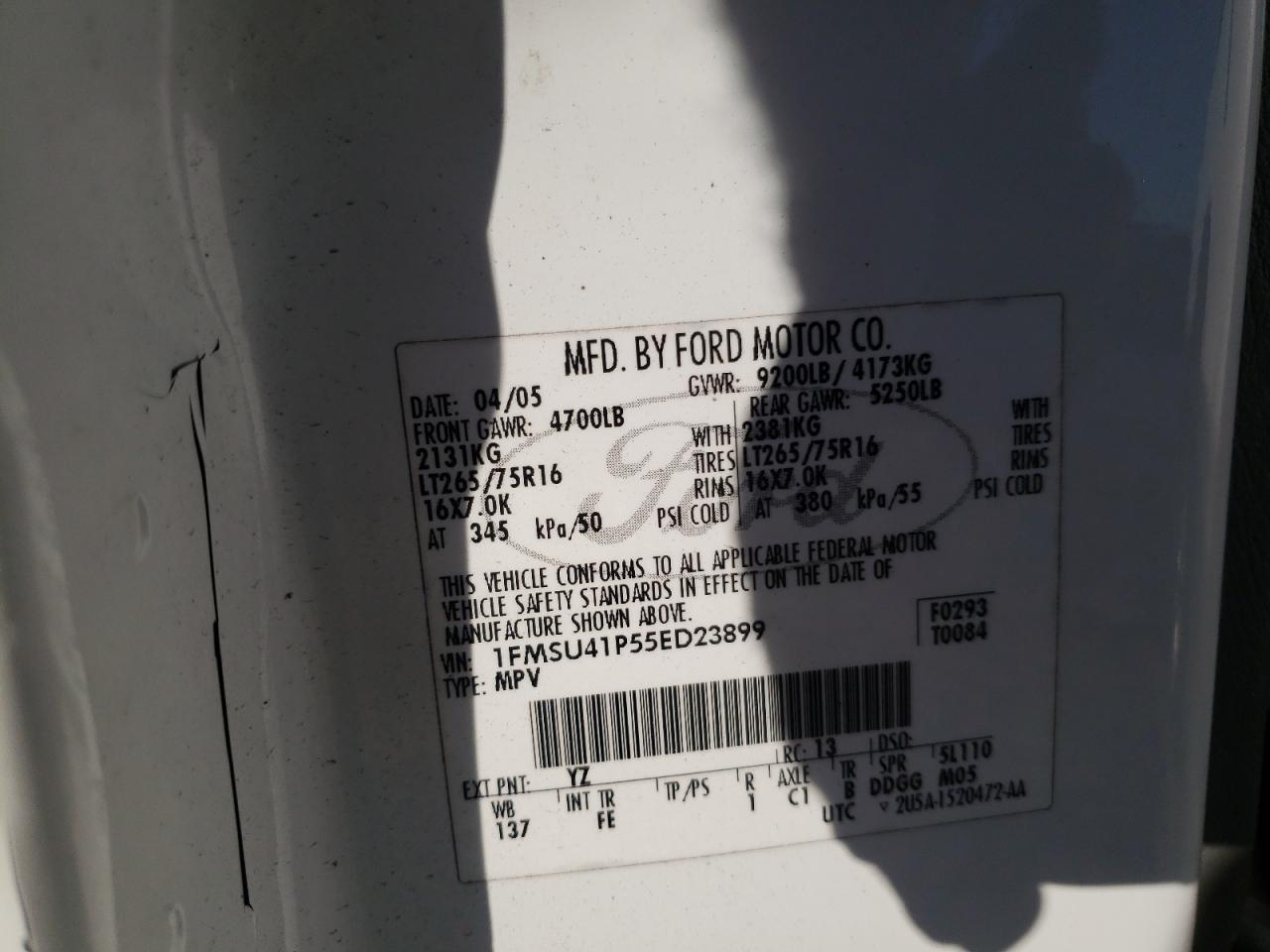 2005 Ford Excursion Xlt VIN: 1FMSU41P55ED23899 Lot: 91683405