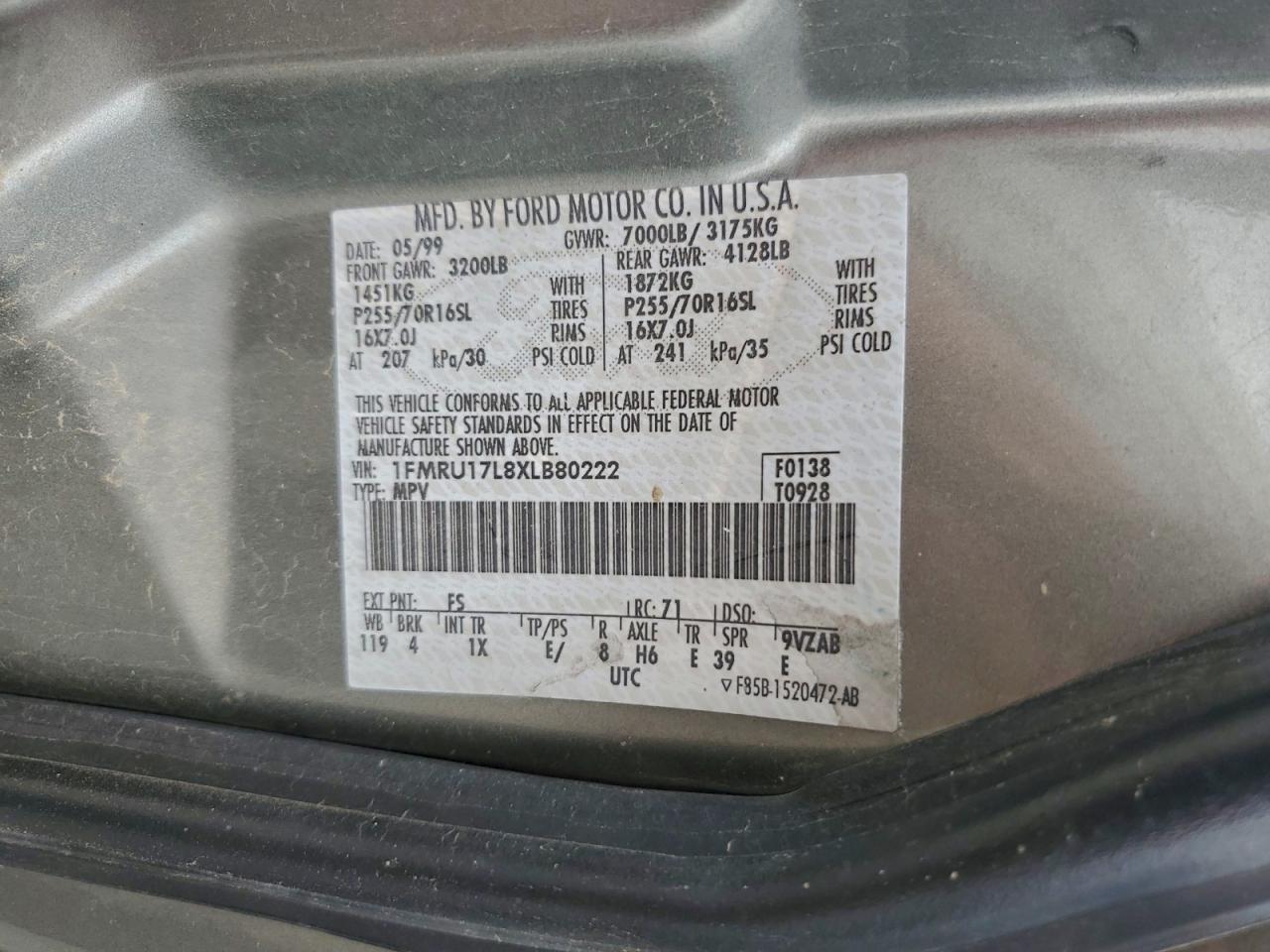 1999 Ford Expedition VIN: 1FMRU17L8XLB80222 Lot: 94509815