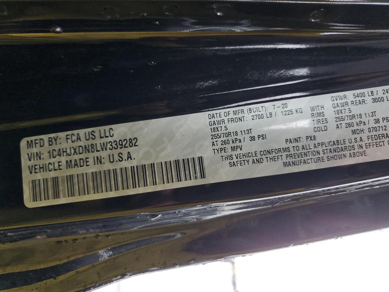 2020 Jeep Wrangler Unlimited Sport VIN: 1C4HJXDN8LW339282 Lot: 93052965