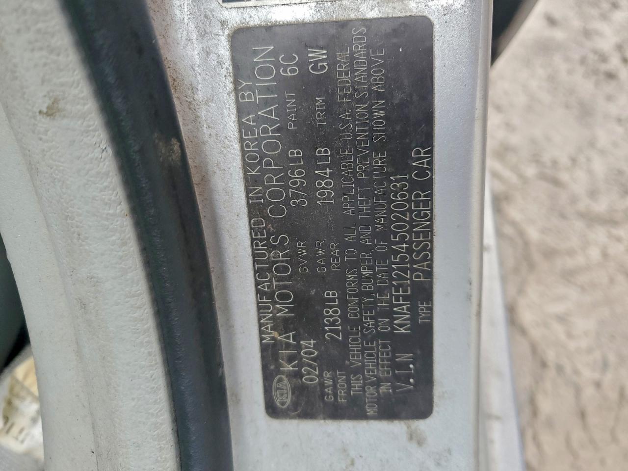 2004 Kia Spectra Lx VIN: KNAFE121545020631 Lot: 94186405