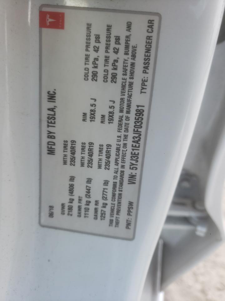 2018 Tesla Model 3 VIN: 5YJ3E1EA3JF035981 Lot: 91493775