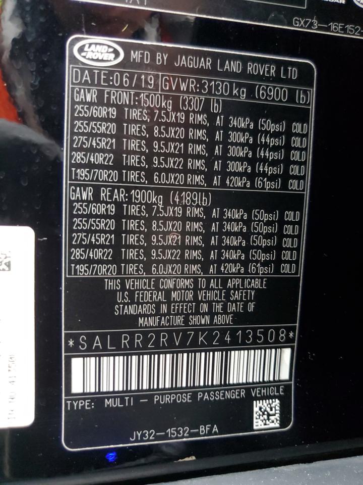 2019 Land Rover Discovery Hse VIN: SALRR2RV7K2413508 Lot: 92824155