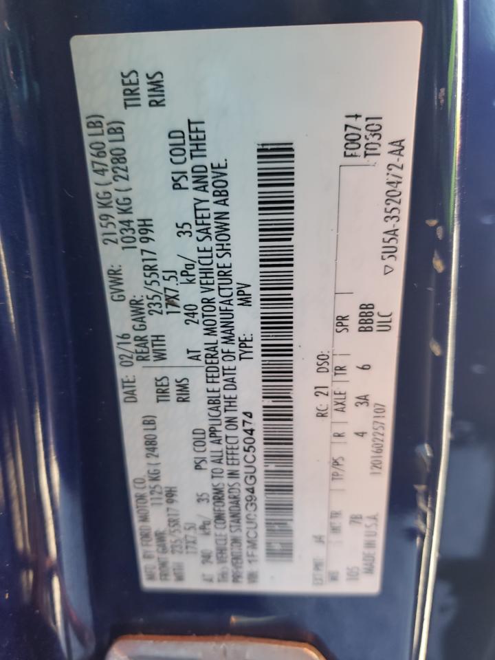 2016 Ford Escape Se VIN: 1FMCU0G94GUC50474 Lot: 92052875