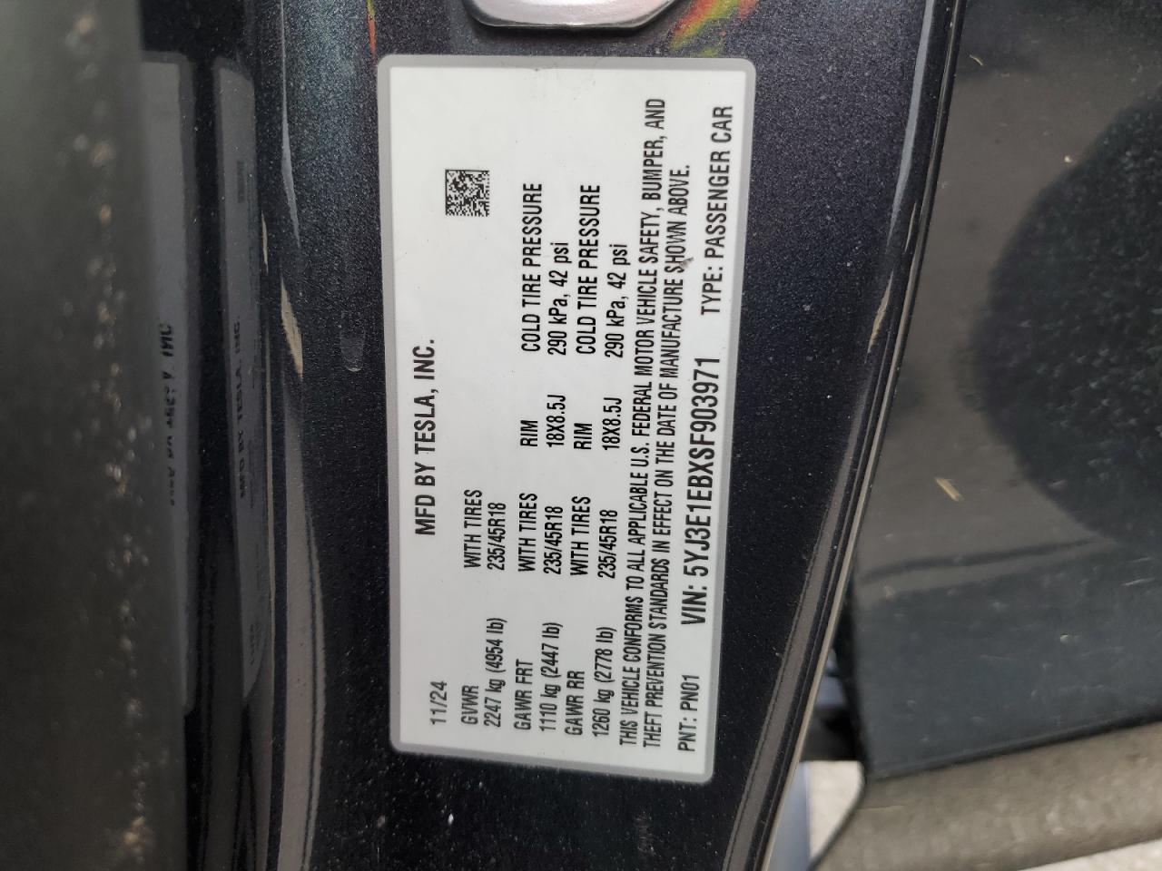 2025 Tesla Model 3 VIN: 5YJ3E1EBXSF903971 Lot: 91440395