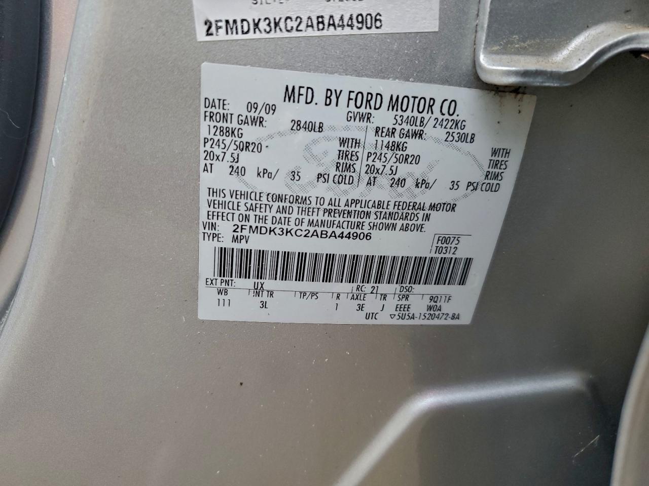 2010 Ford Edge Limited VIN: 2FMDK3KC2ABA44906 Lot: 93707935