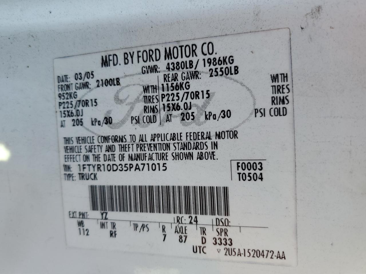 2005 Ford Ranger VIN: 1FTYR10D35PA71015 Lot: 93146105