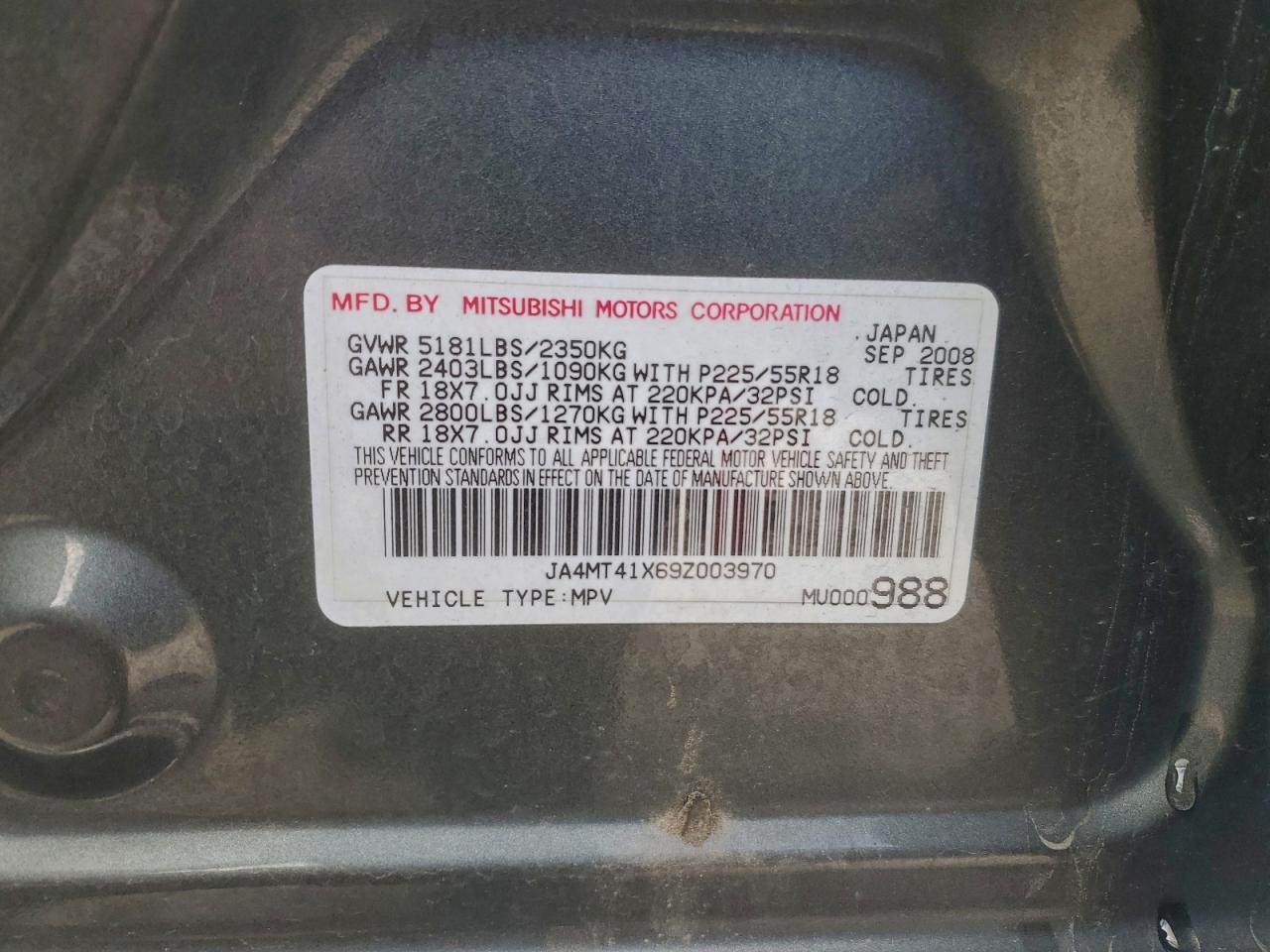 2009 Mitsubishi Outlander Xls VIN: JA4MT41X69Z003970 Lot: 92495025