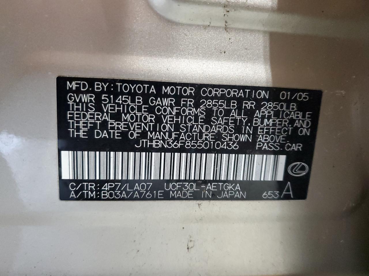 2005 Lexus Ls 430 VIN: JTHBN36F855010436 Lot: 91674835