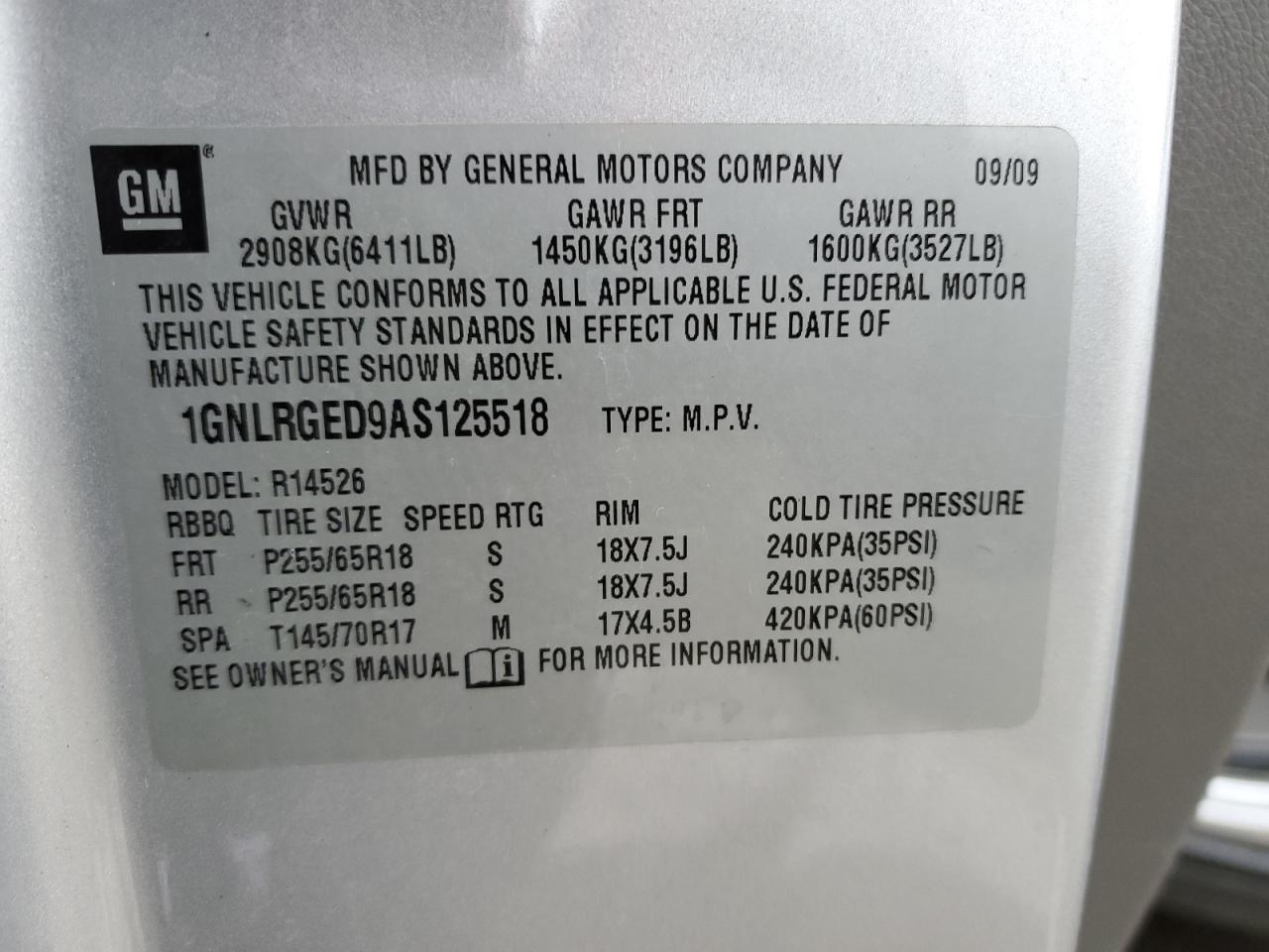 2010 Chevrolet Traverse Lt VIN: 1GNLRGED9AS125518 Lot: 92925285