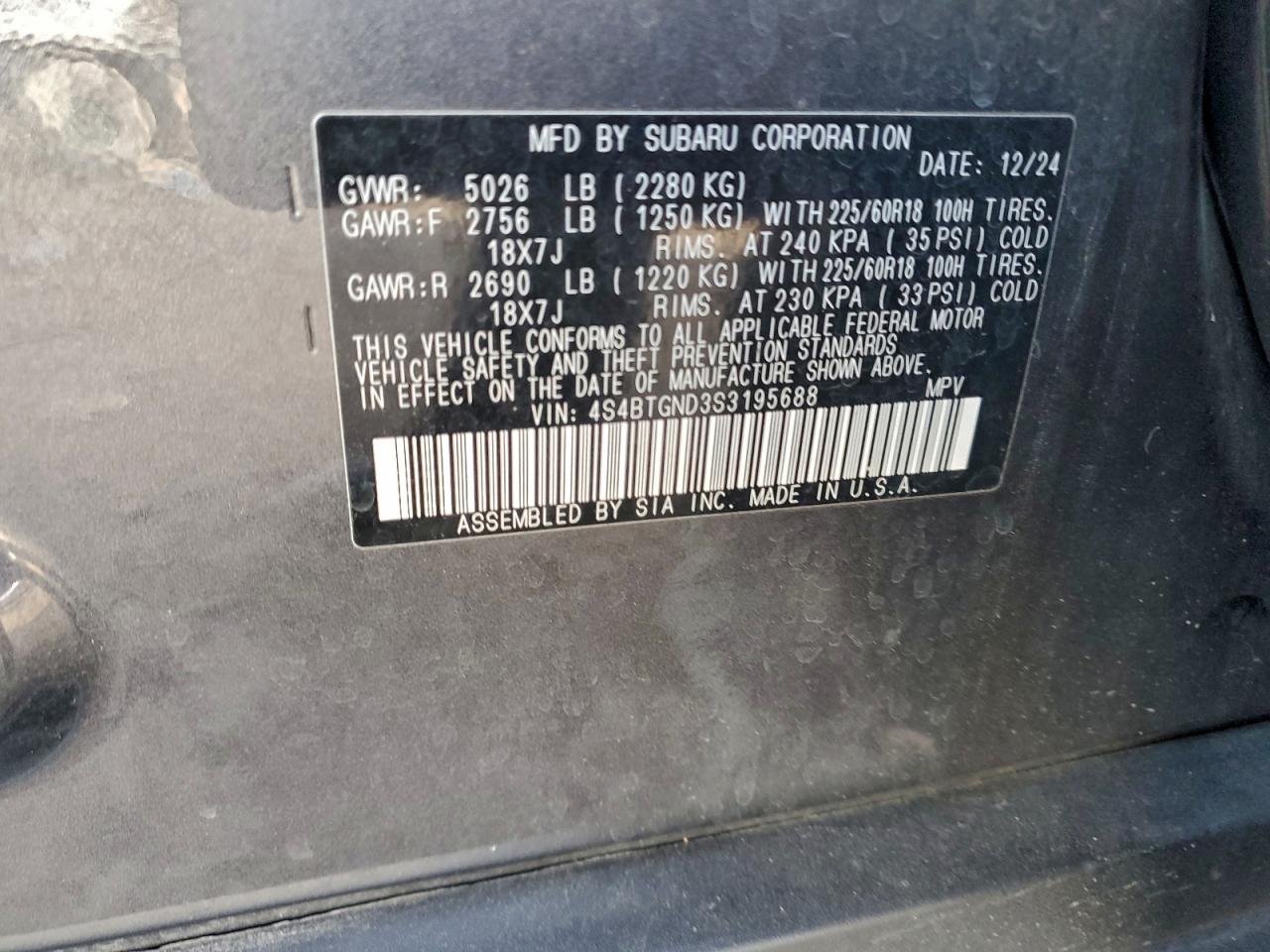 2025 Subaru Outback Limited Xt VIN: 4S4BTGND3S3195688 Lot: 94265545