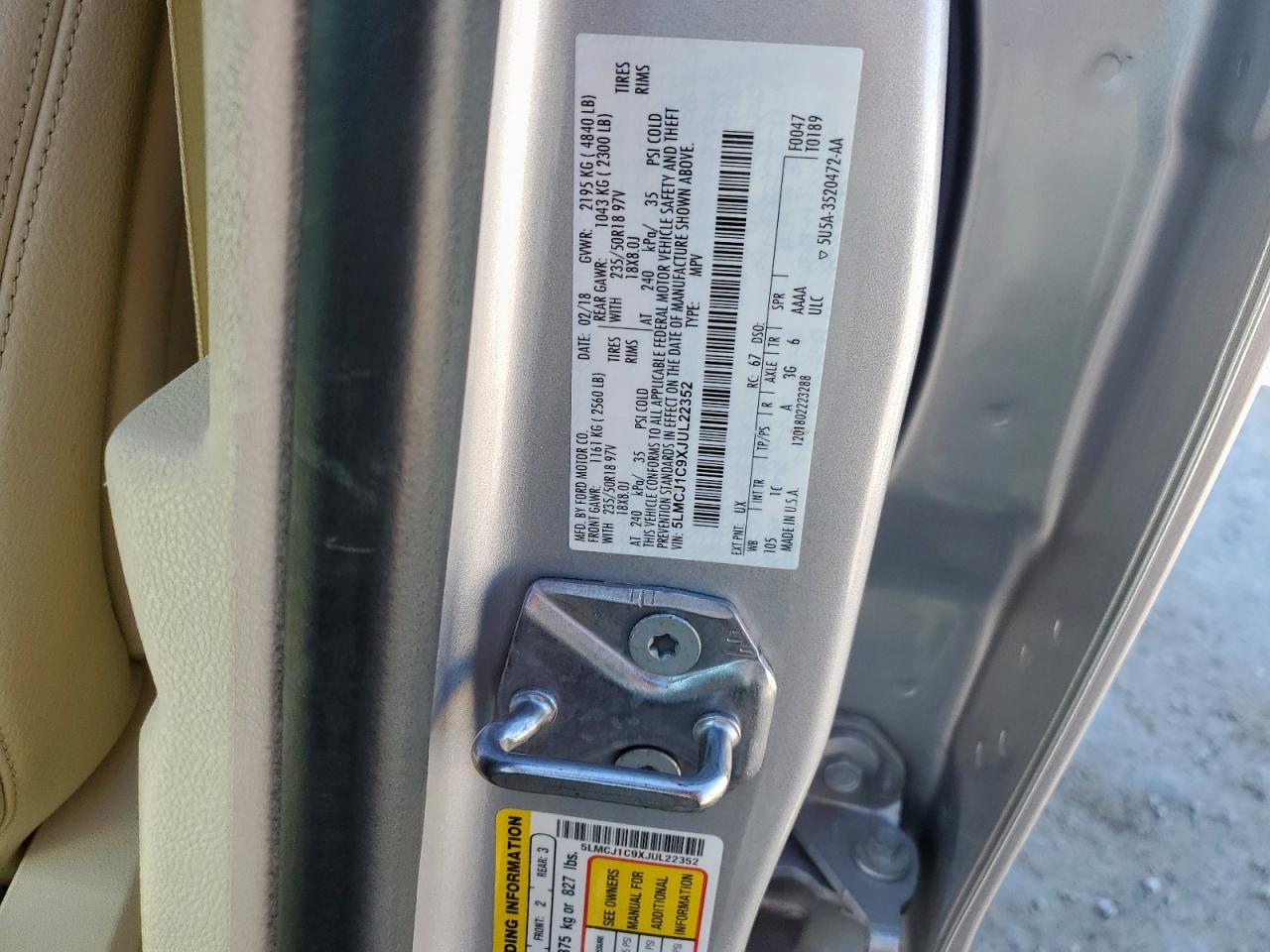 2018 Lincoln Mkc Premiere VIN: 5LMCJ1C9XJUL22352 Lot: 92008285