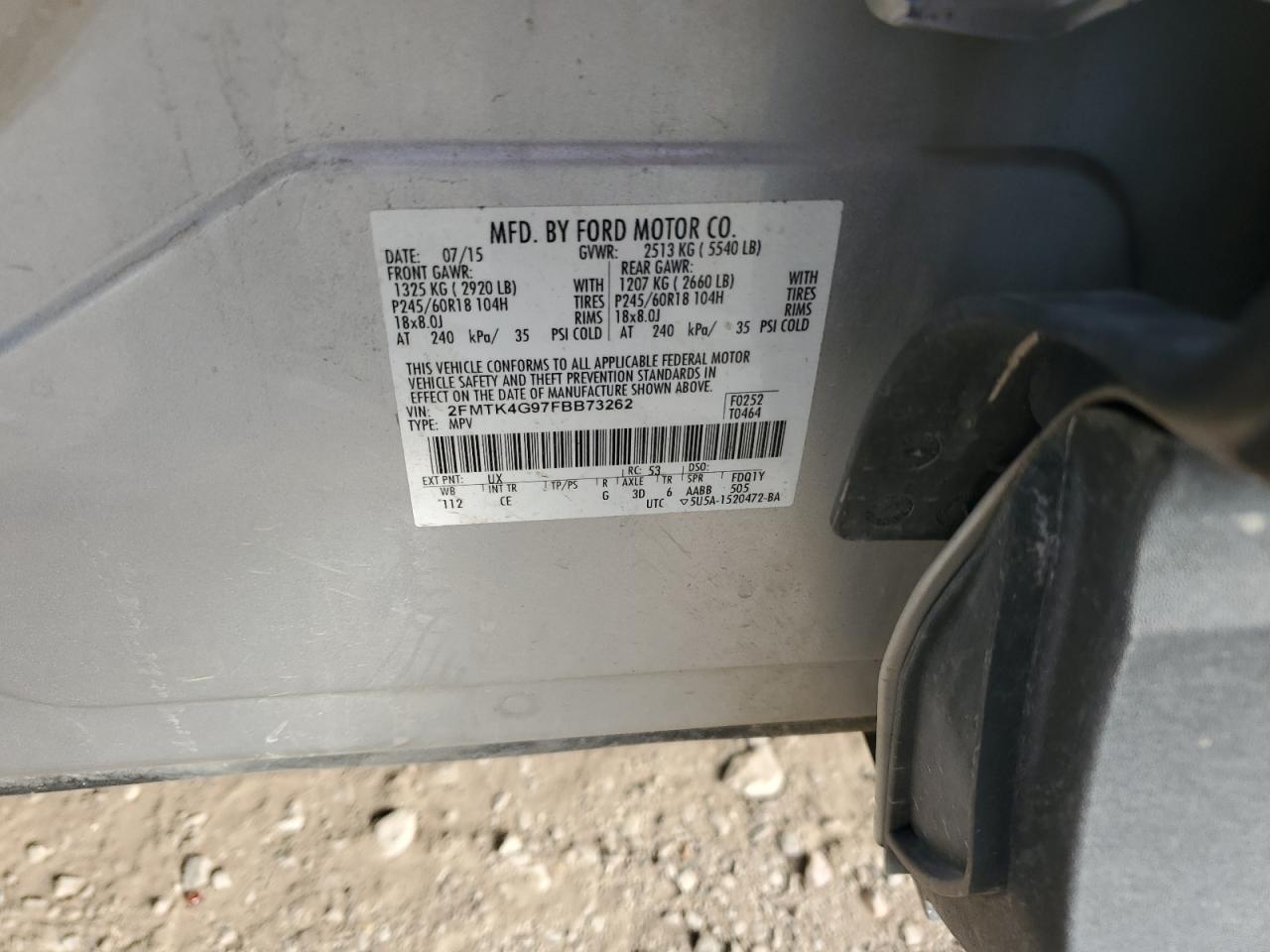 2015 Ford Edge Se VIN: 2FMTK4G97FBB73262 Lot: 92434005