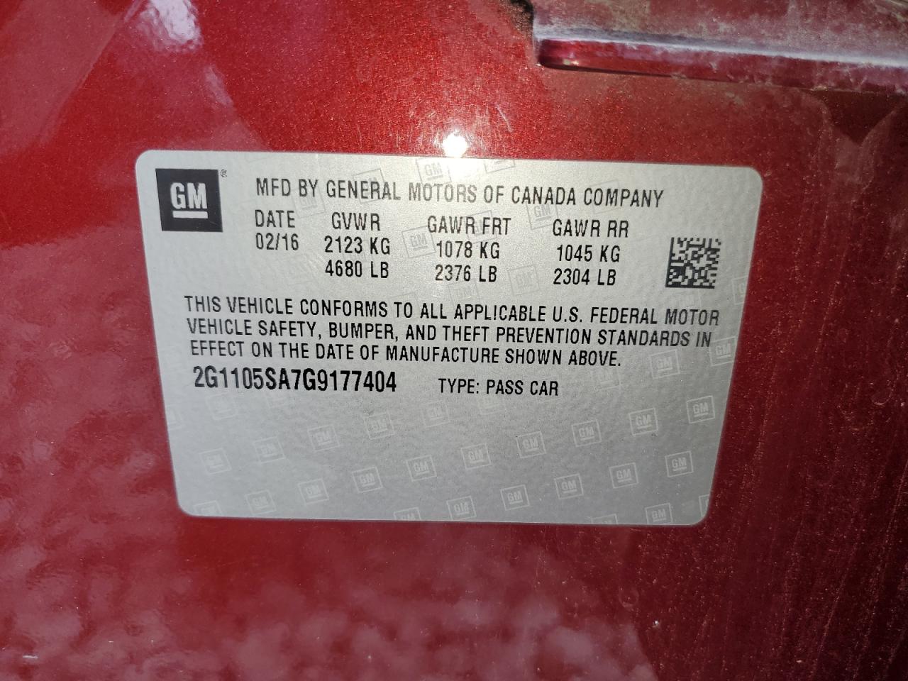 2016 Chevrolet Impala Lt VIN: 2G1105SA7G9177404 Lot: 93469295