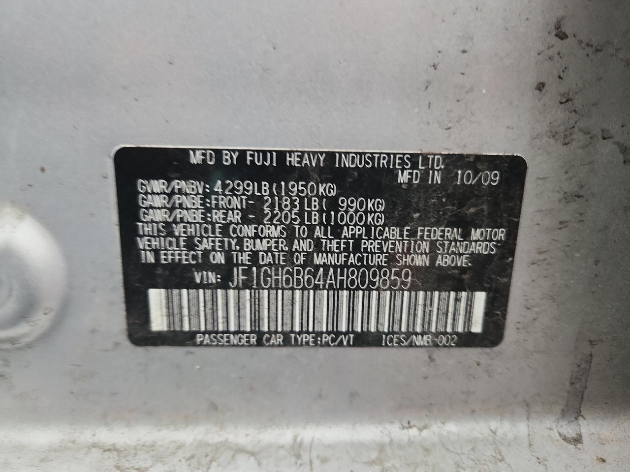 2010 Subaru Impreza 2.5I Premium VIN: JF1GH6B64AH809859 Lot: 91478685