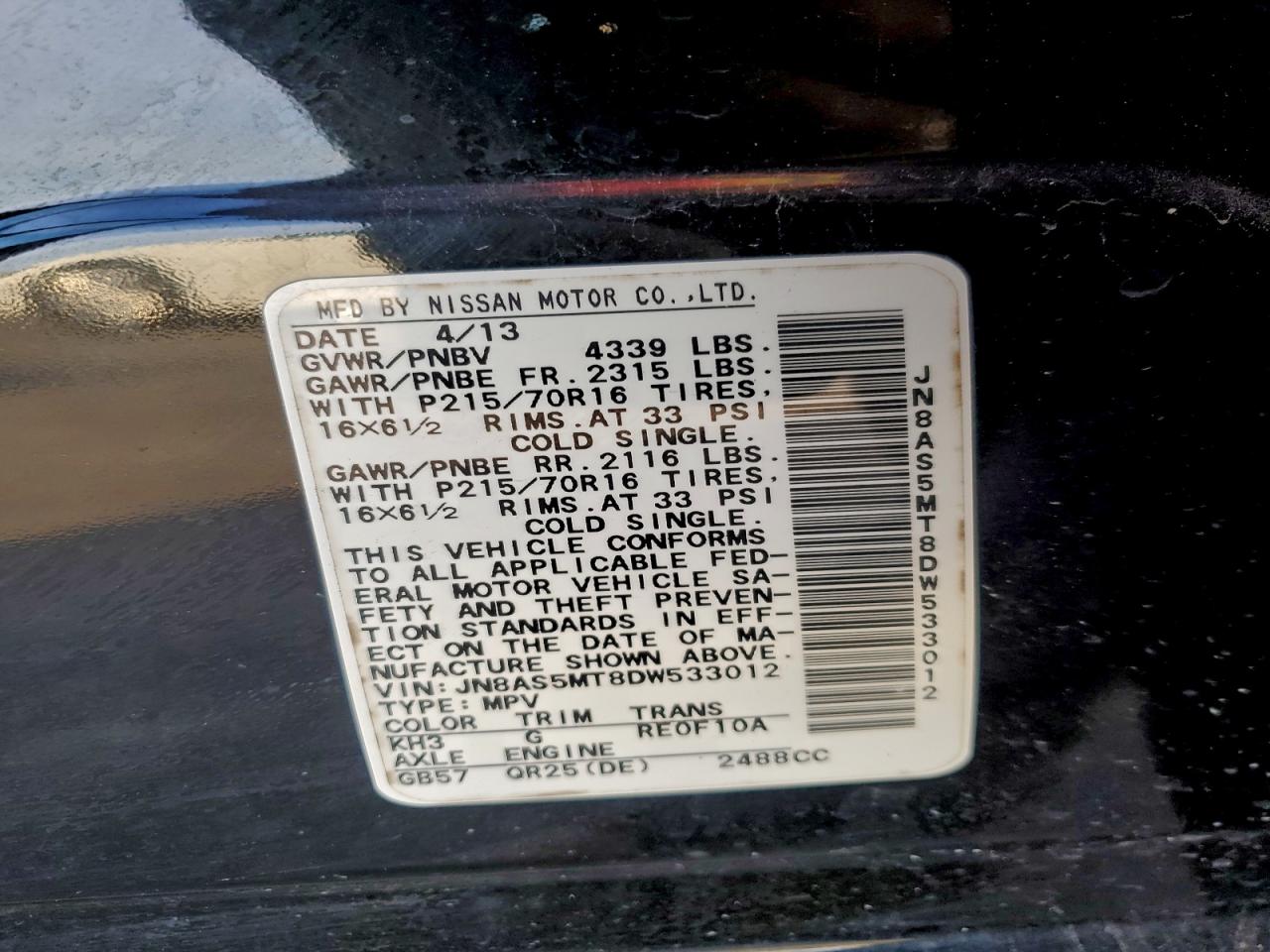 2013 Nissan Rogue S VIN: JN8AS5MT8DW533012 Lot: 94661245