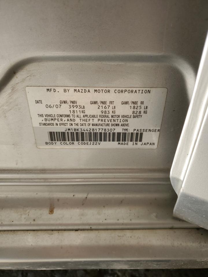 2008 Mazda 3 Hatchback VIN: JM1BK344281778307 Lot: 93127005