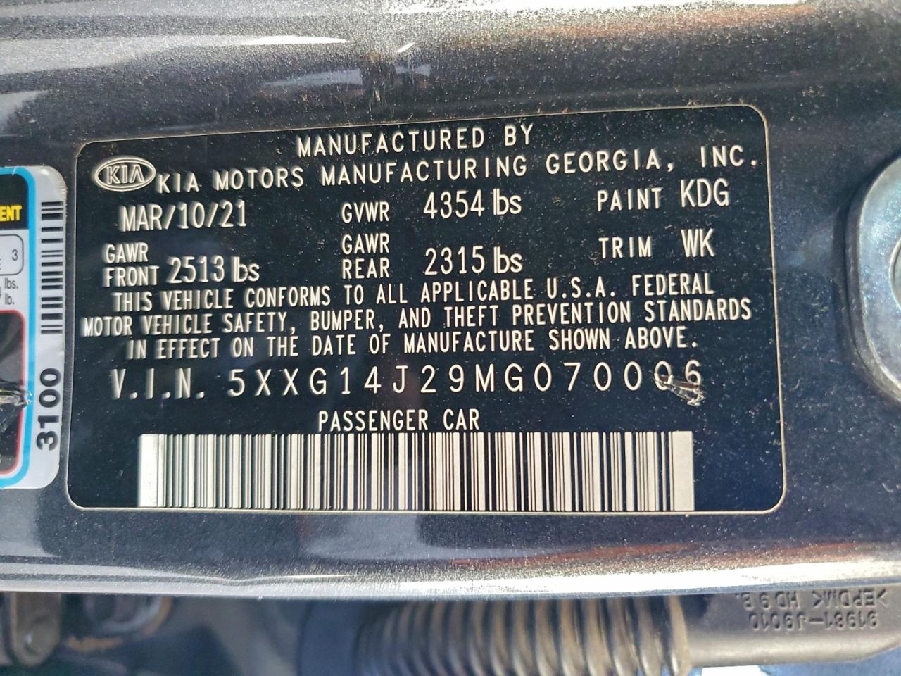 2021 Kia K5 Lxs VIN: 5XXG14J29MG070006 Lot: 94531905