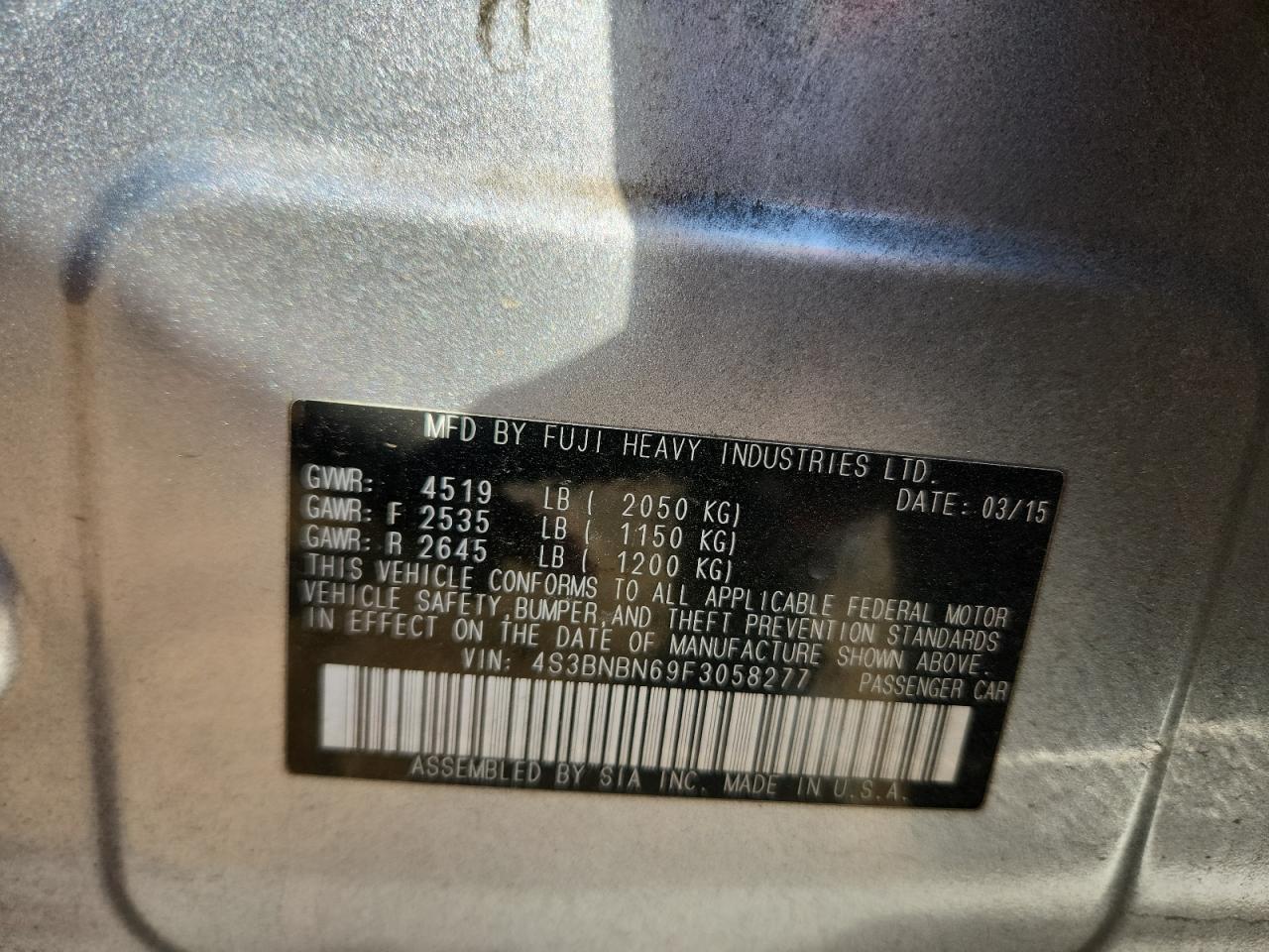 2015 Subaru Legacy 2.5I Limited VIN: 4S3BNBN69F3058277 Lot: 93286655