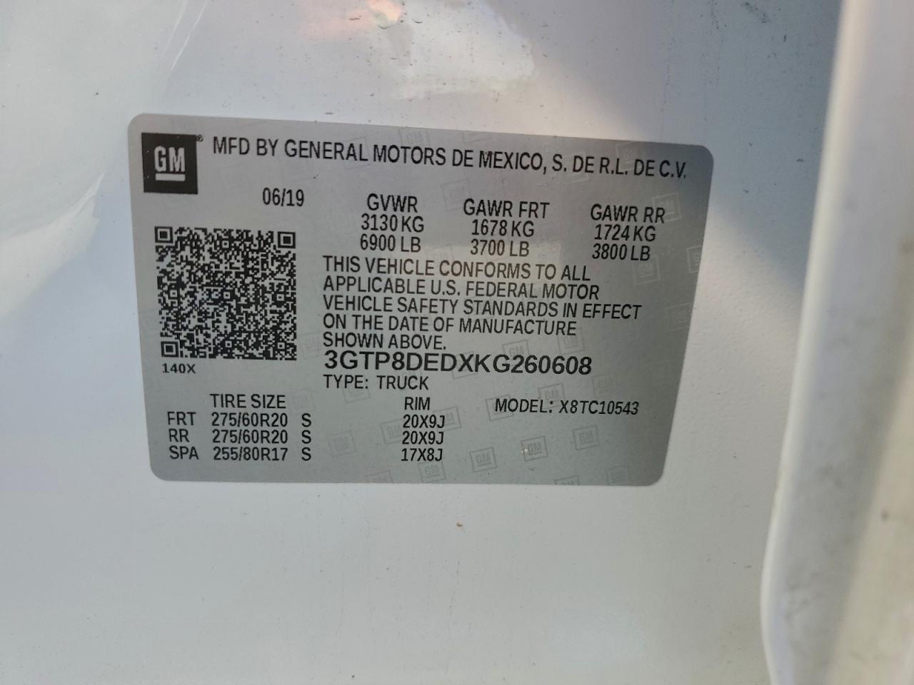 2019 GMC Sierra C1500 Slt VIN: 3GTP8DEDXKG260608 Lot: 93153195