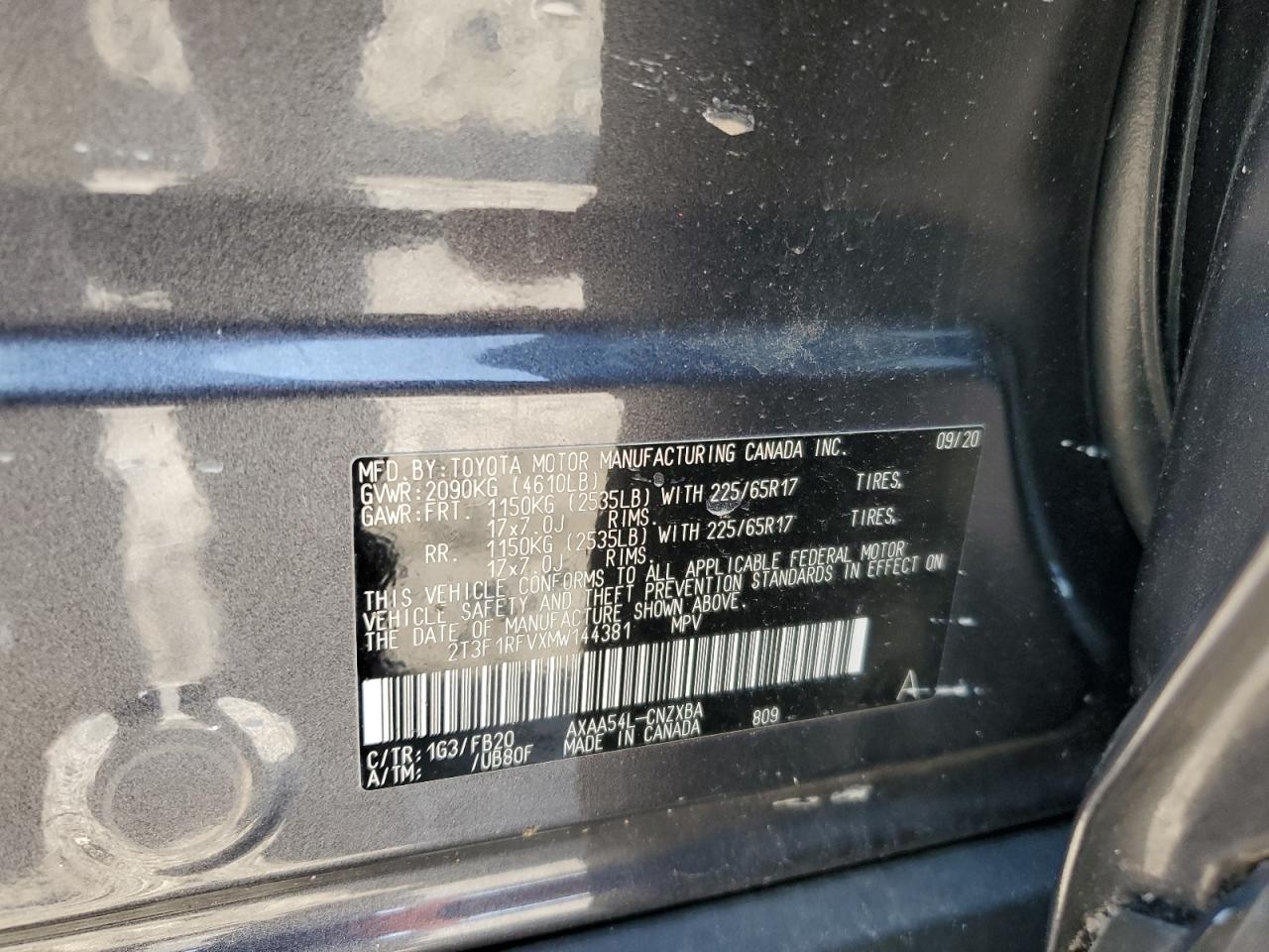 2021 Toyota Rav4 Le VIN: 2T3F1RFVXMW144381 Lot: 91478485