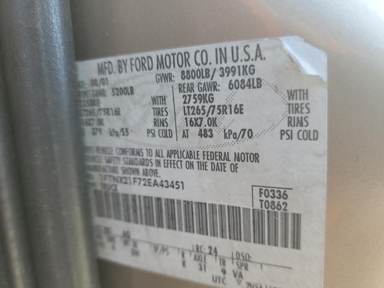 2002 Ford F250 Super Duty VIN: 1FTNX21F72EA43451 Lot: 93366435