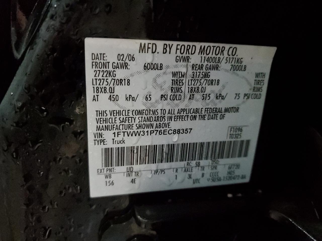 2006 Ford F350 Srw Super Duty VIN: 1FTWW31P76EC88357 Lot: 92828445