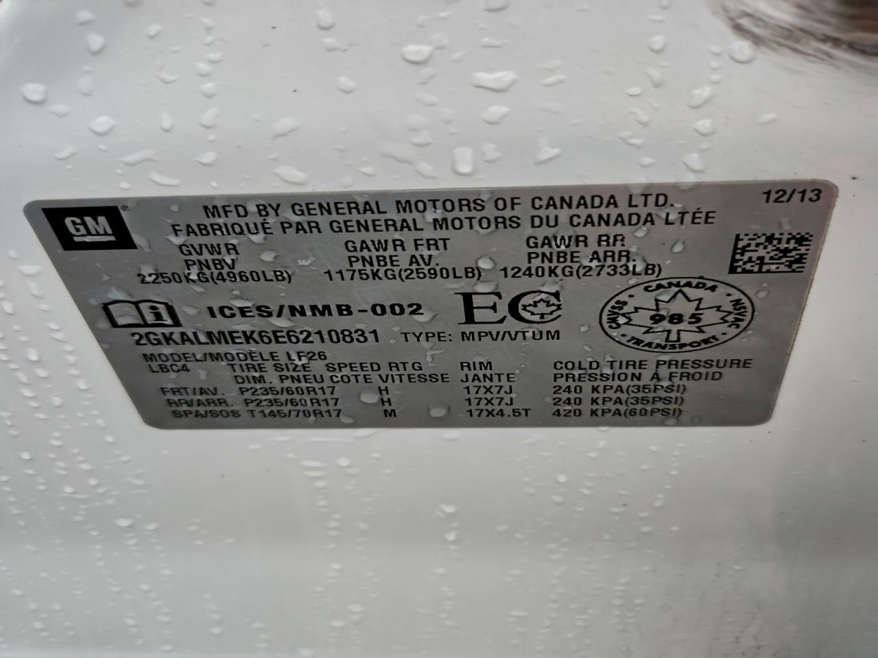 2014 GMC Terrain Sle VIN: 2GKALMEK6E6210831 Lot: 94351815