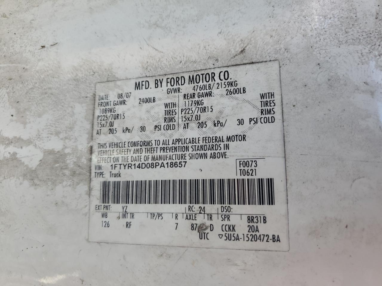 2008 Ford Ranger Super Cab VIN: 1FTYR14D08PA18657 Lot: 91933815