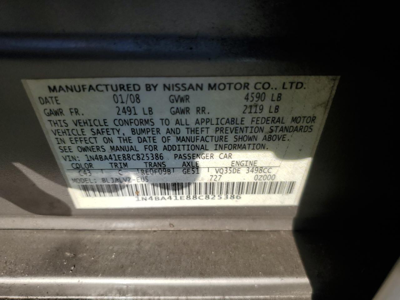 2008 Nissan Maxima Se VIN: 1N4BA41E88C825386 Lot: 91433365