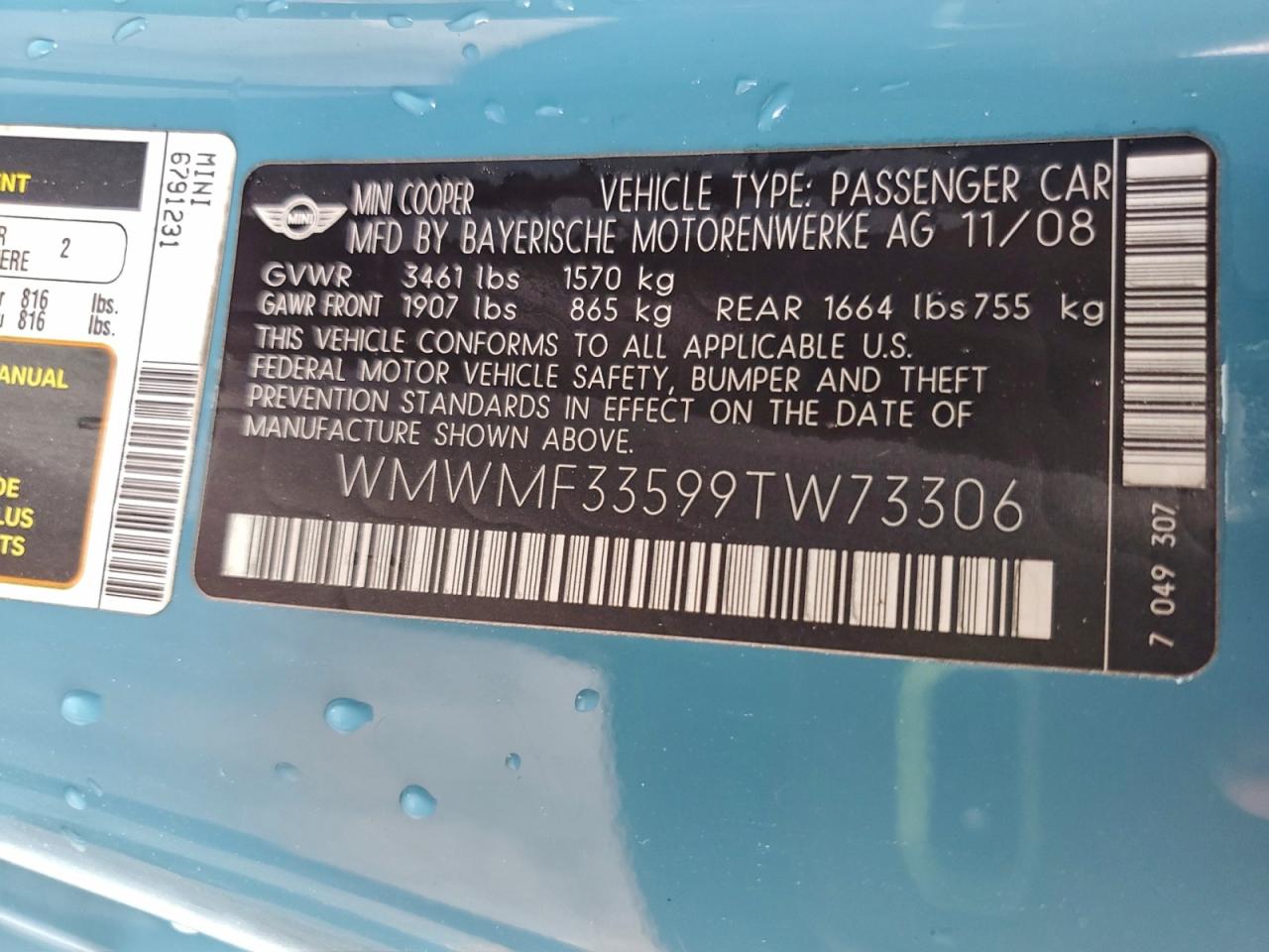 2009 Mini Cooper VIN: WMWMF33599TW73306 Lot: 93346345