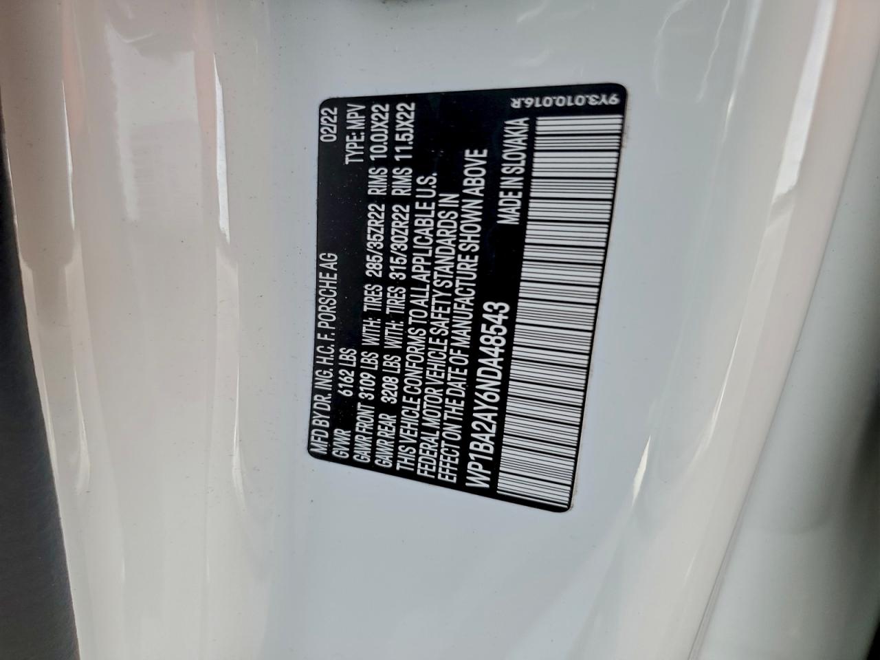 2022 Porsche Cayenne Coupe VIN: WP1BA2AY6NDA48543 Lot: 93976205