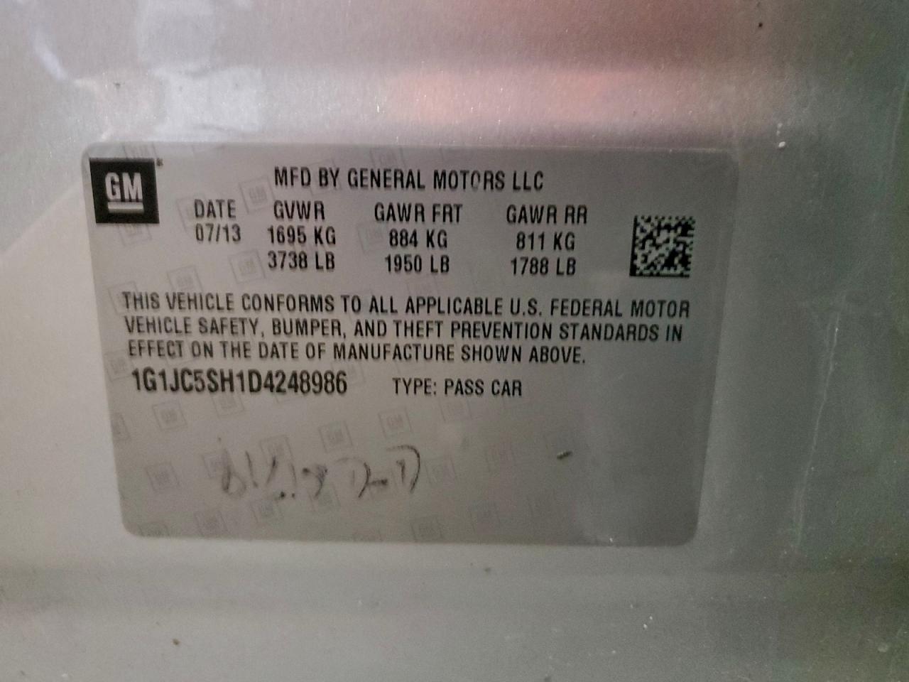 2013 Chevrolet Sonic Lt VIN: 1G1JC5SH1D4248986 Lot: 92899415