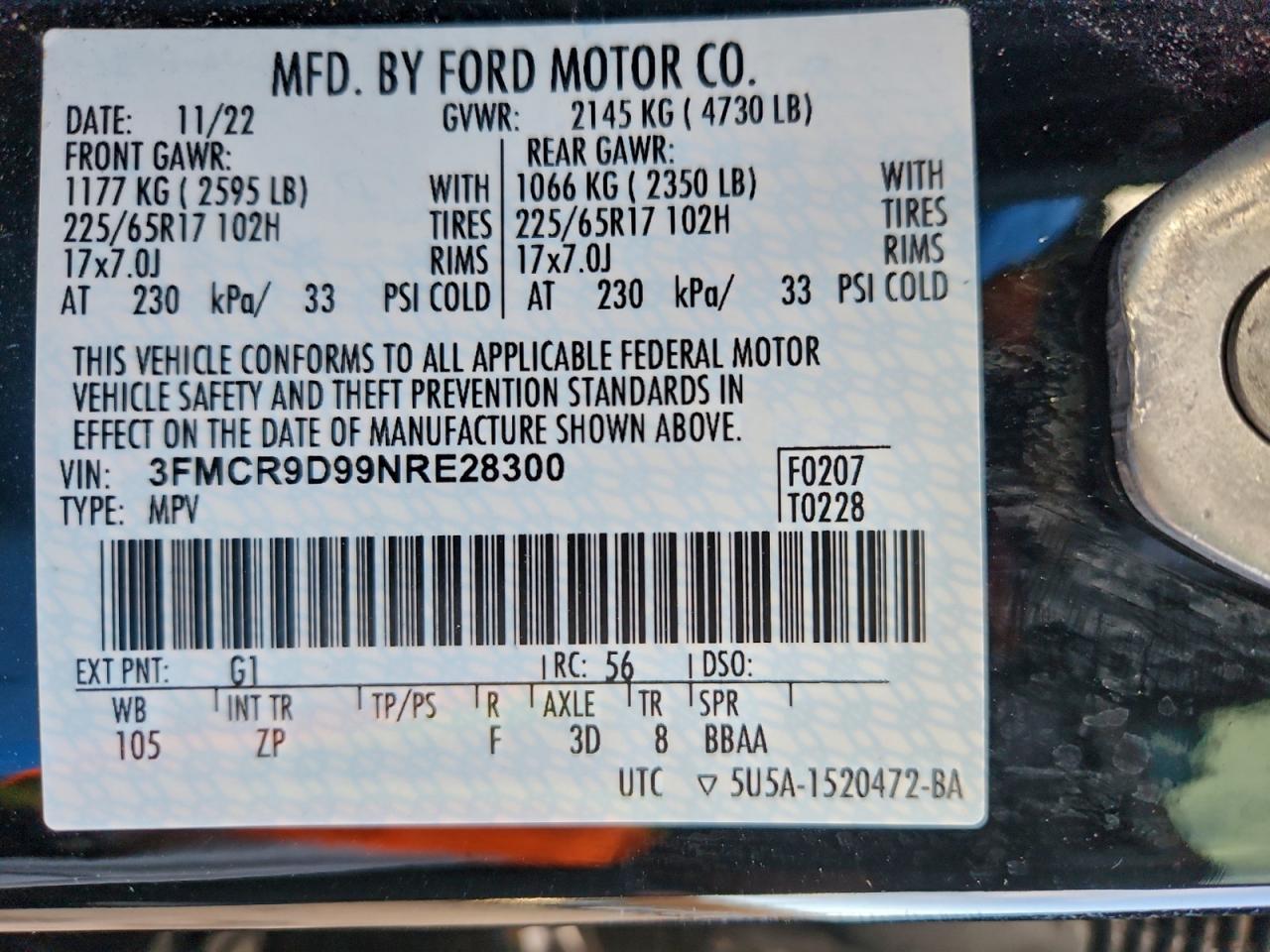 2022 Ford Bronco Sport Badlands VIN: 3FMCR9D99NRE28300 Lot: 94144075