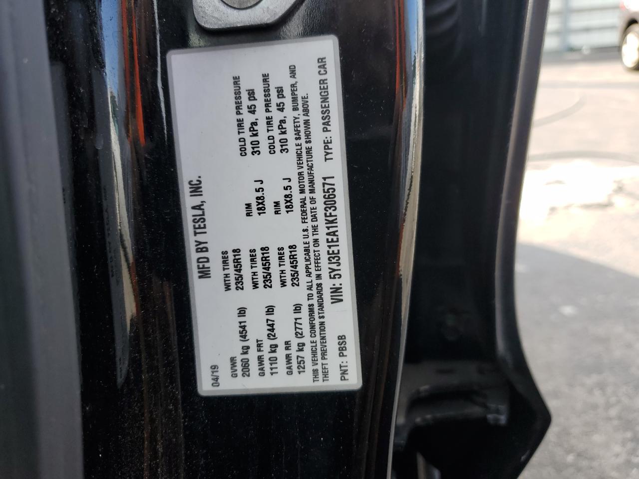 2019 Tesla Model 3 VIN: 5YJ3E1EA1KF306571 Lot: 91850485