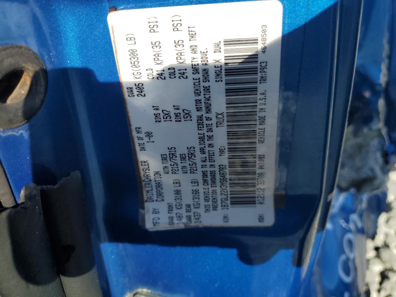 2000 Dodge Dakota VIN: 1B7GL22X3YS648783 Lot: 92923365