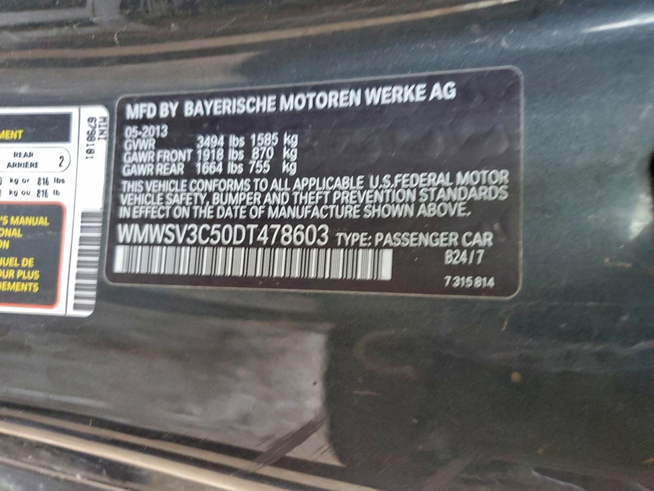 2013 Mini Cooper S VIN: WMWSV3C50DT478603 Lot: 93883905