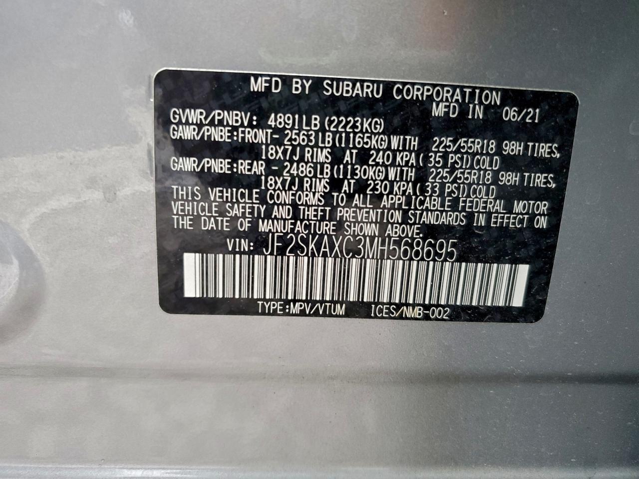 2021 Subaru Forester Touring VIN: JF2SKAXC3MH568695 Lot: 94059805