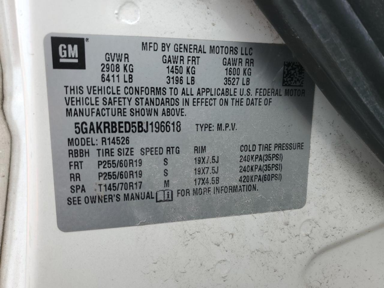 2011 Buick Enclave Cxl VIN: 5GAKRBED5BJ196618 Lot: 92278895