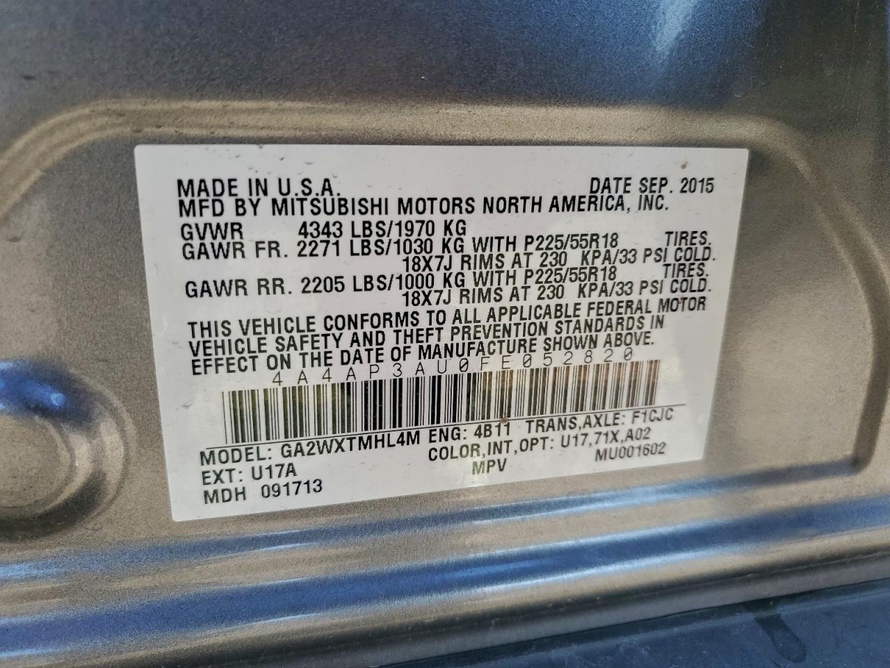 2015 Mitsubishi Outlander Sport Es VIN: 4A4AP3AU0FE052820 Lot: 94197245