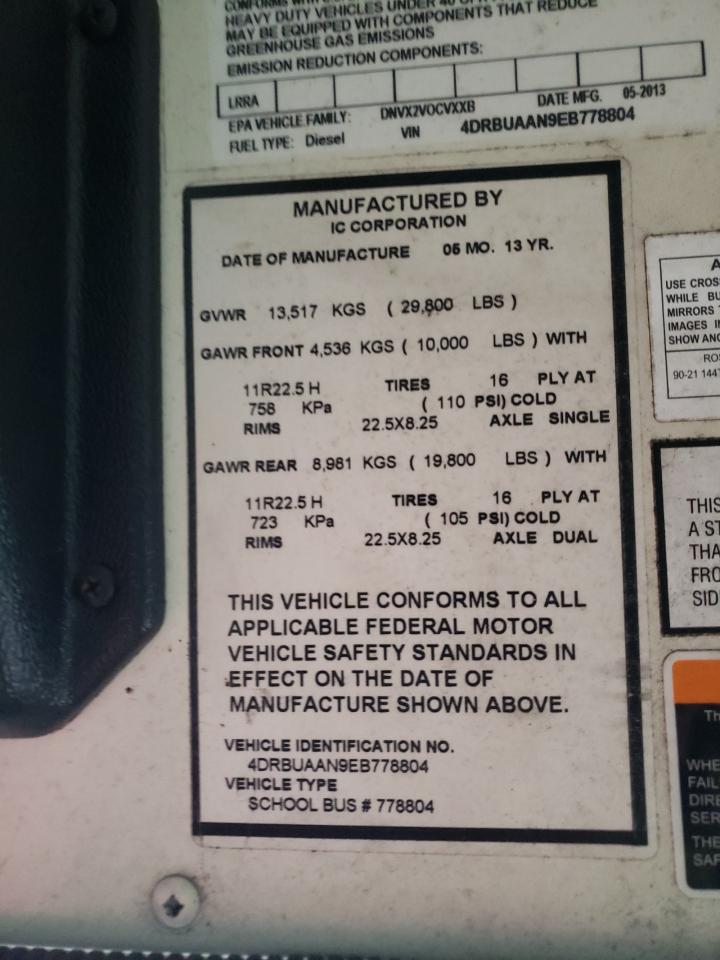 2014 Ic Corporation Ce Series School - School Bus VIN: 4DRBUAAN9EB778804 Lot: 92424585