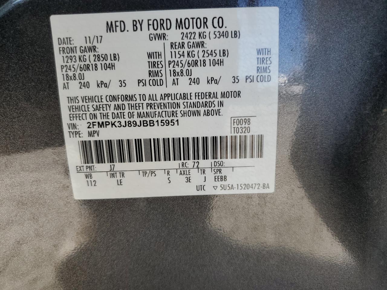 2018 Ford Edge Sel VIN: 2FMPK3J89JBB15951 Lot: 91409525