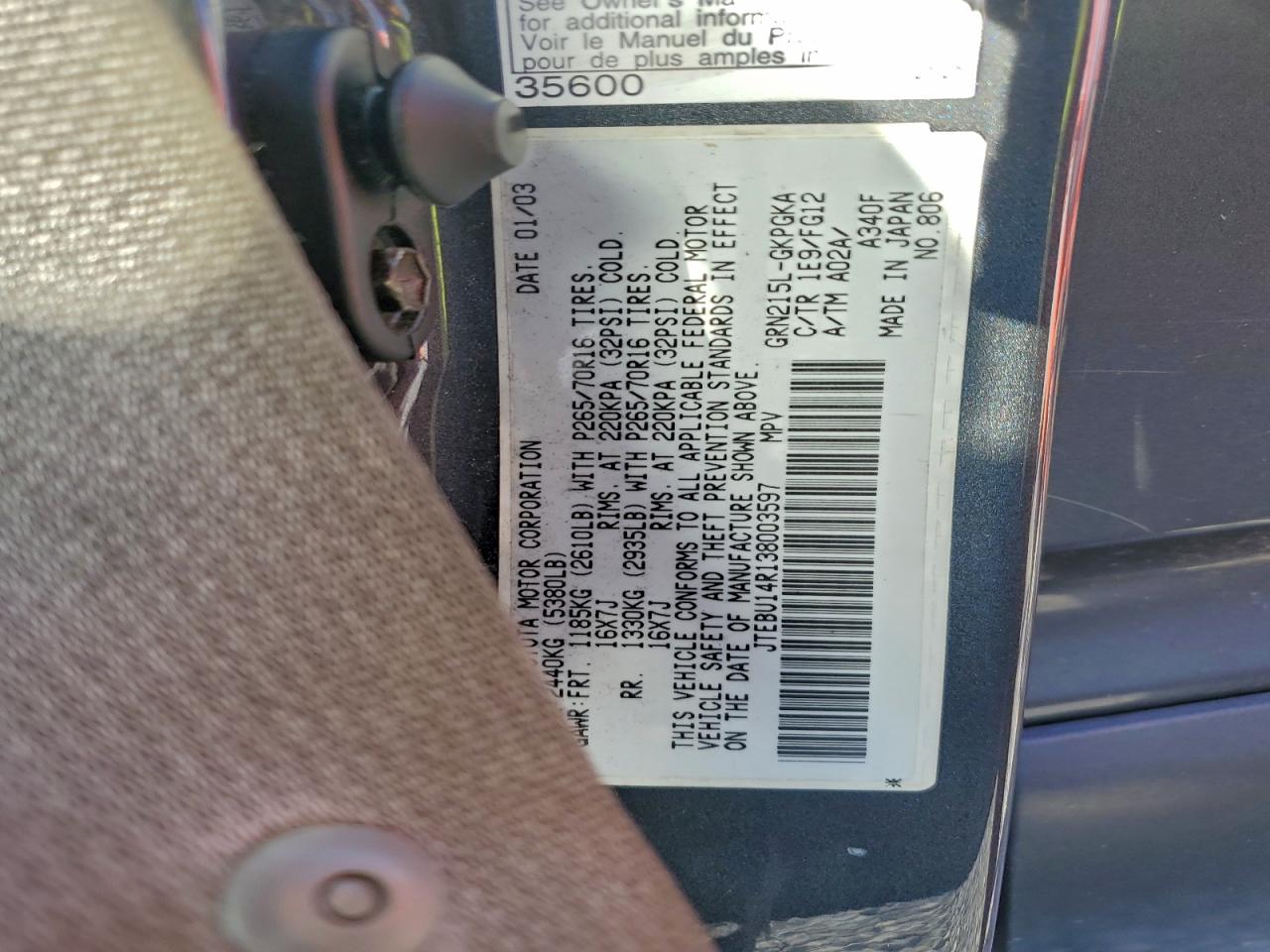 2003 Toyota 4Runner Sr5 VIN: JTEBU14R138003597 Lot: 94417995