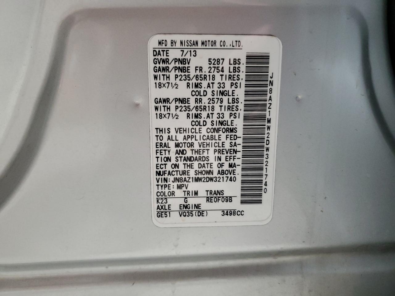 2013 Nissan Murano S VIN: JN8AZ1MW2DW321740 Lot: 92705285