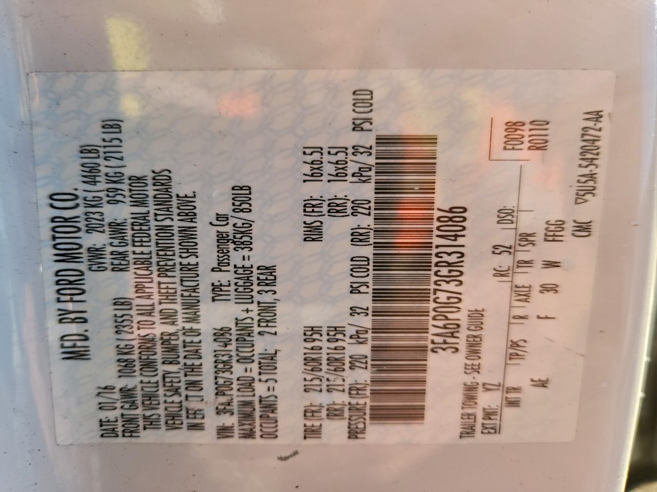 2016 Ford Fusion S VIN: 3FA6P0G73GR314086 Lot: 93998305