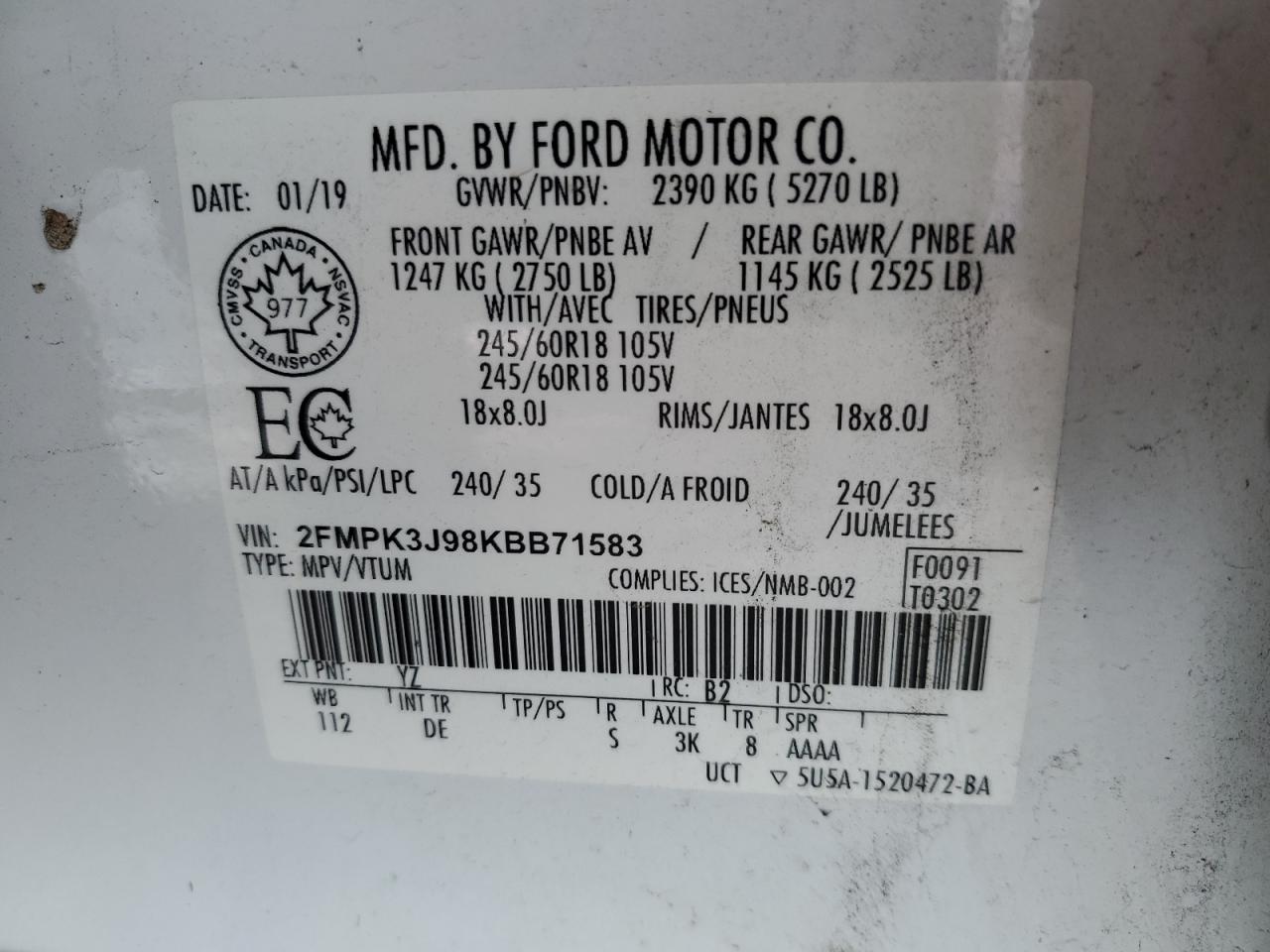 2019 Ford Edge Sel VIN: 2FMPK3J98KBB71583 Lot: 92847275